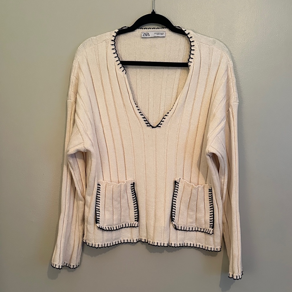 Zara Cream V-Neck Sweater with Black Trim